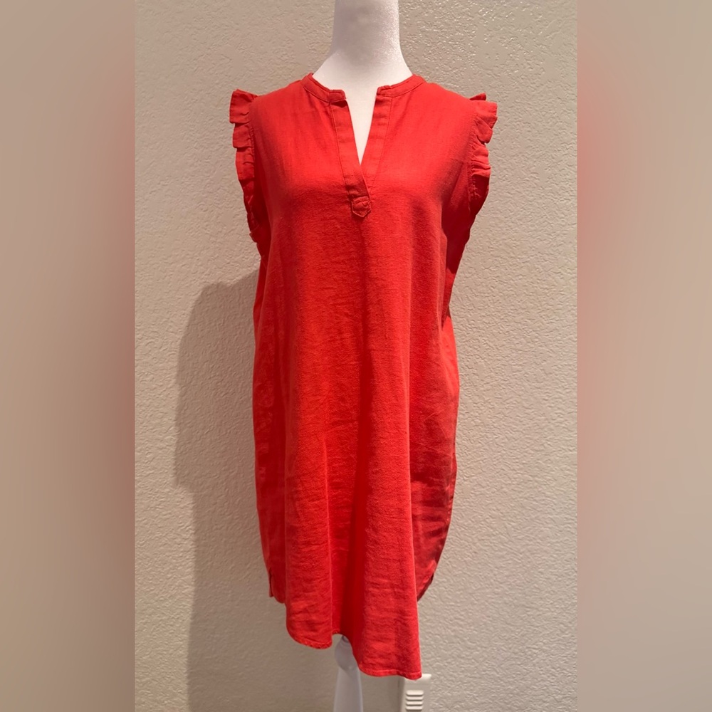 4OUR DREAMERS Linen Blend Ruffle Sleeve Shift Dress | Coral Orange | Size Small